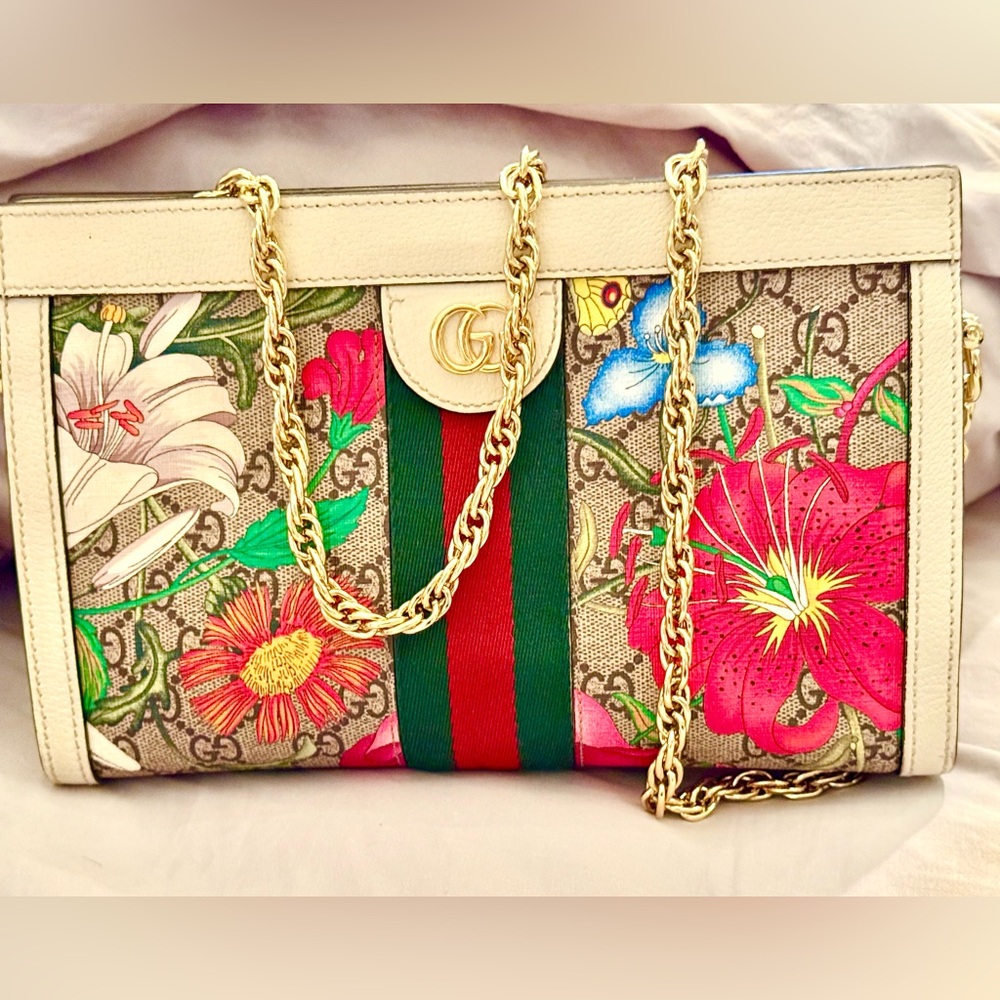 Authentic Gucci Ophidia Floral Canvas Chain Shoulder Bag